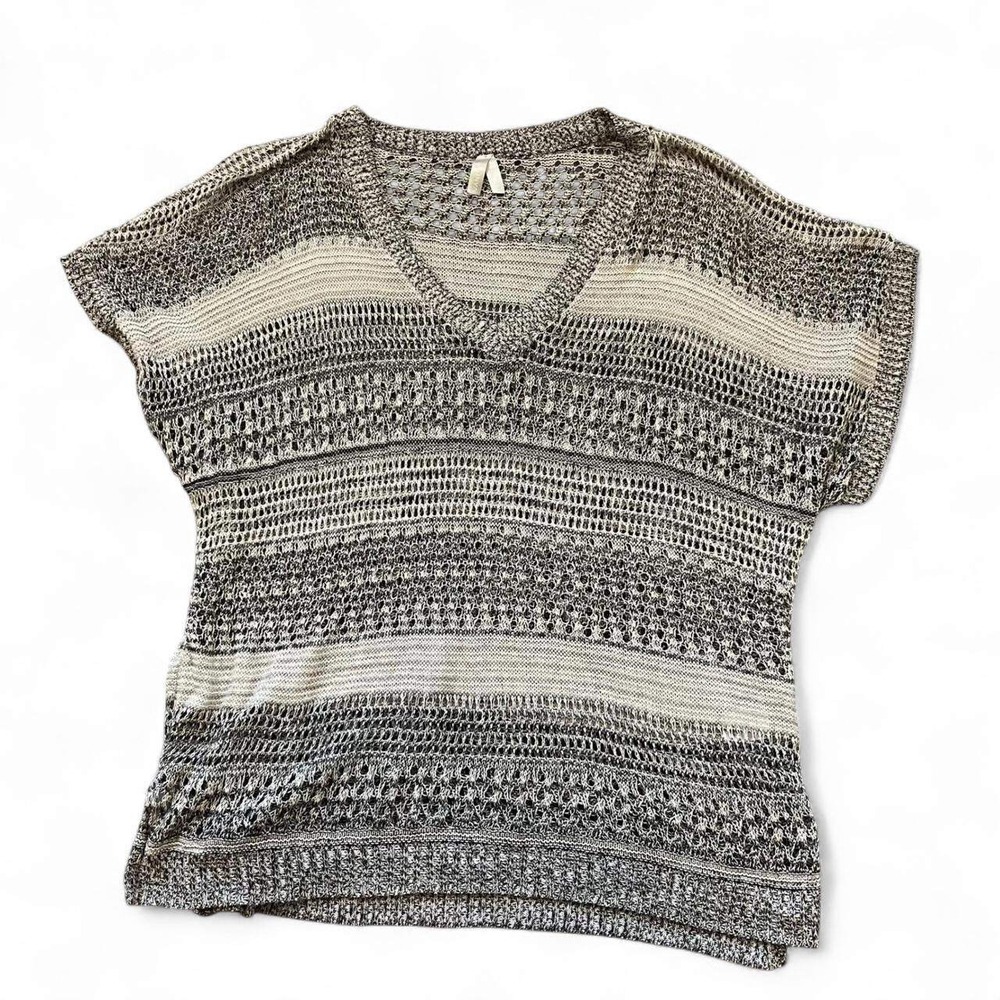 Gray & White Striped Knit Top Poncho Womens Size Small Boho Shawl